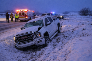 Ben Wade Twp: Pickup Slides Off Hwy 114, Two Hurt