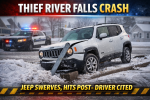 Thief River Falls: Jeep Swerves, Hits Post
