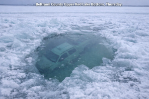 Waskish: Pickup Breaks Through Upper Red Lake Ice