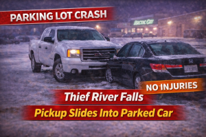 Thief River Falls: Pickup Slides Into Parked Car