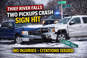 Thief River Falls: Two Pickups Crash, Sign Hit