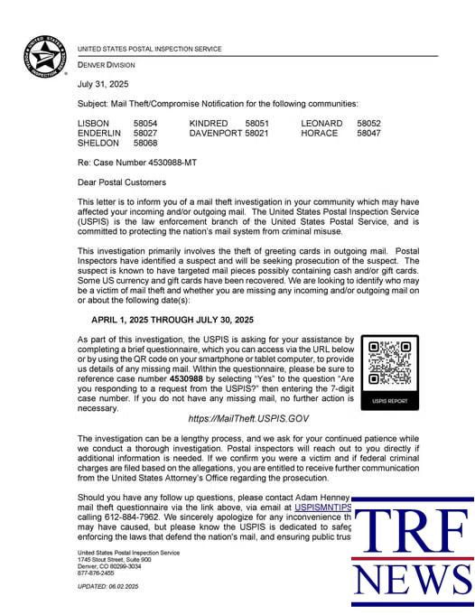 Mail Theft Spree Hits 7 Southeastern North Dakota Cities; Postal Service Investigating | trfnews.i234.me