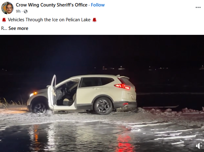 Crow Wing County: 3 Vehicles Through Pelican Lake Ice