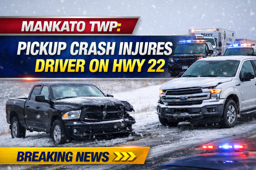 Mankato Twp: Pickup Crash Injures Driver on Hwy 22