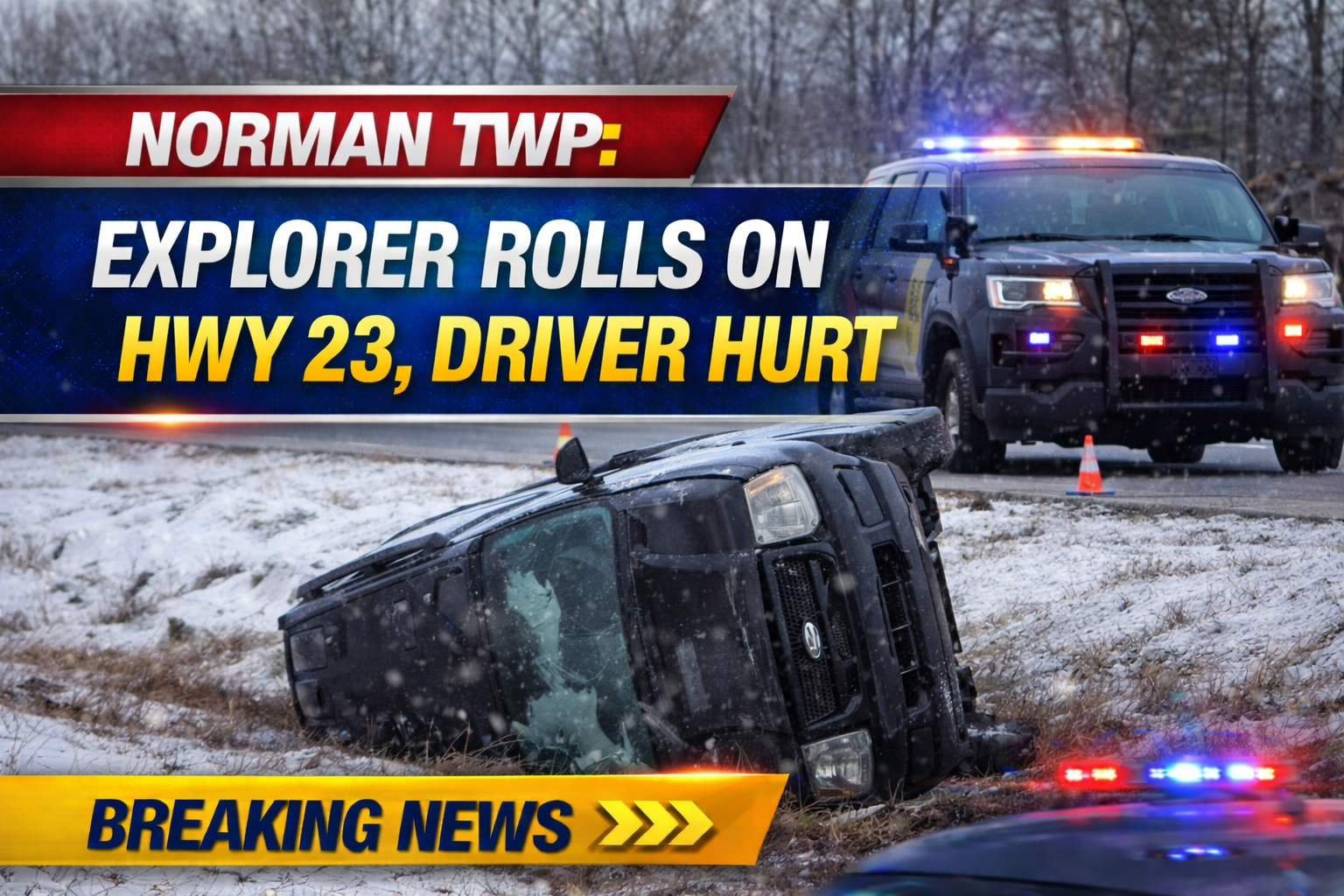 Norman Twp: Explorer Rolls on Hwy 23, Driver Hurt