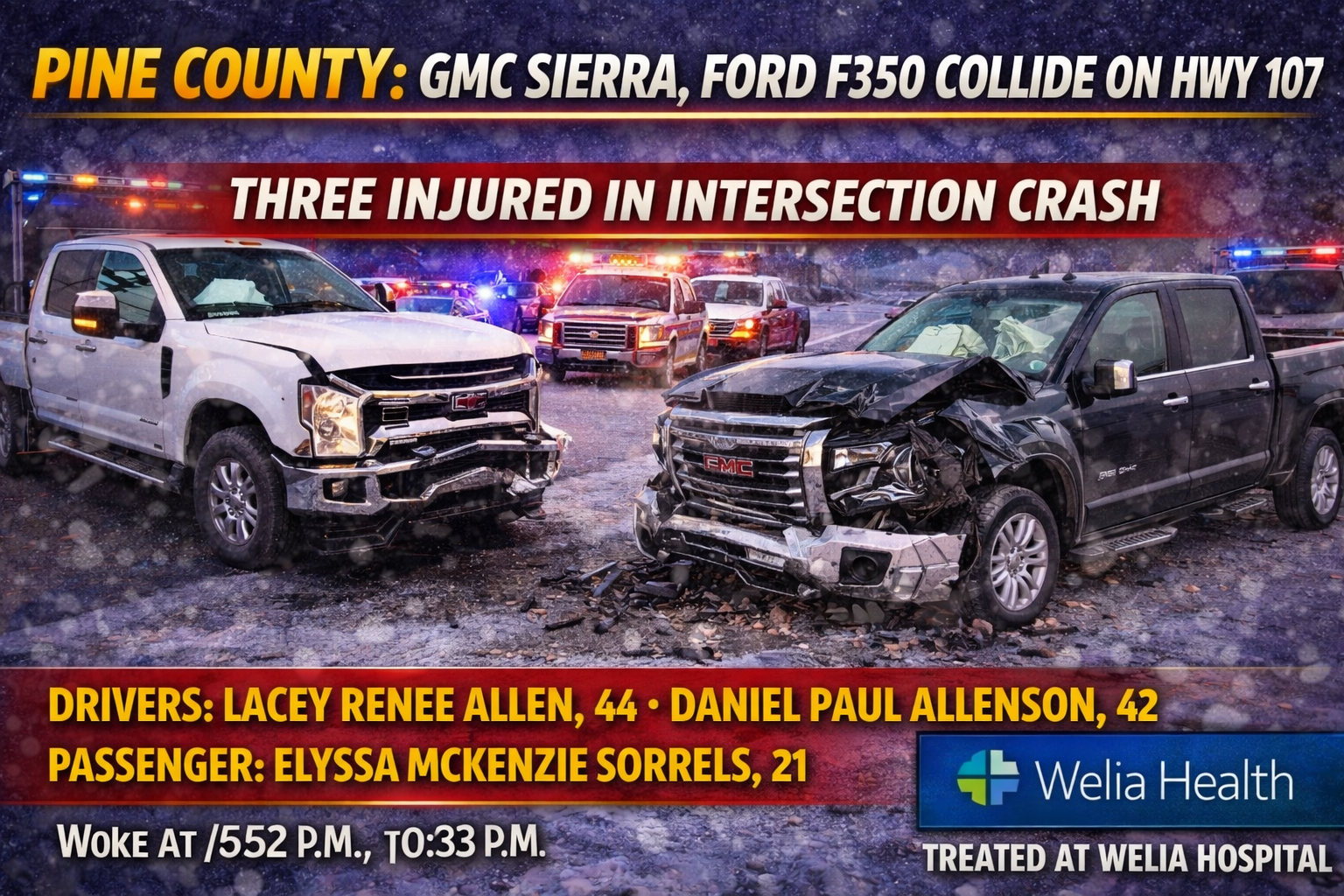 Pine County: GMC Sierra, Ford F350 Collide on Hwy 107