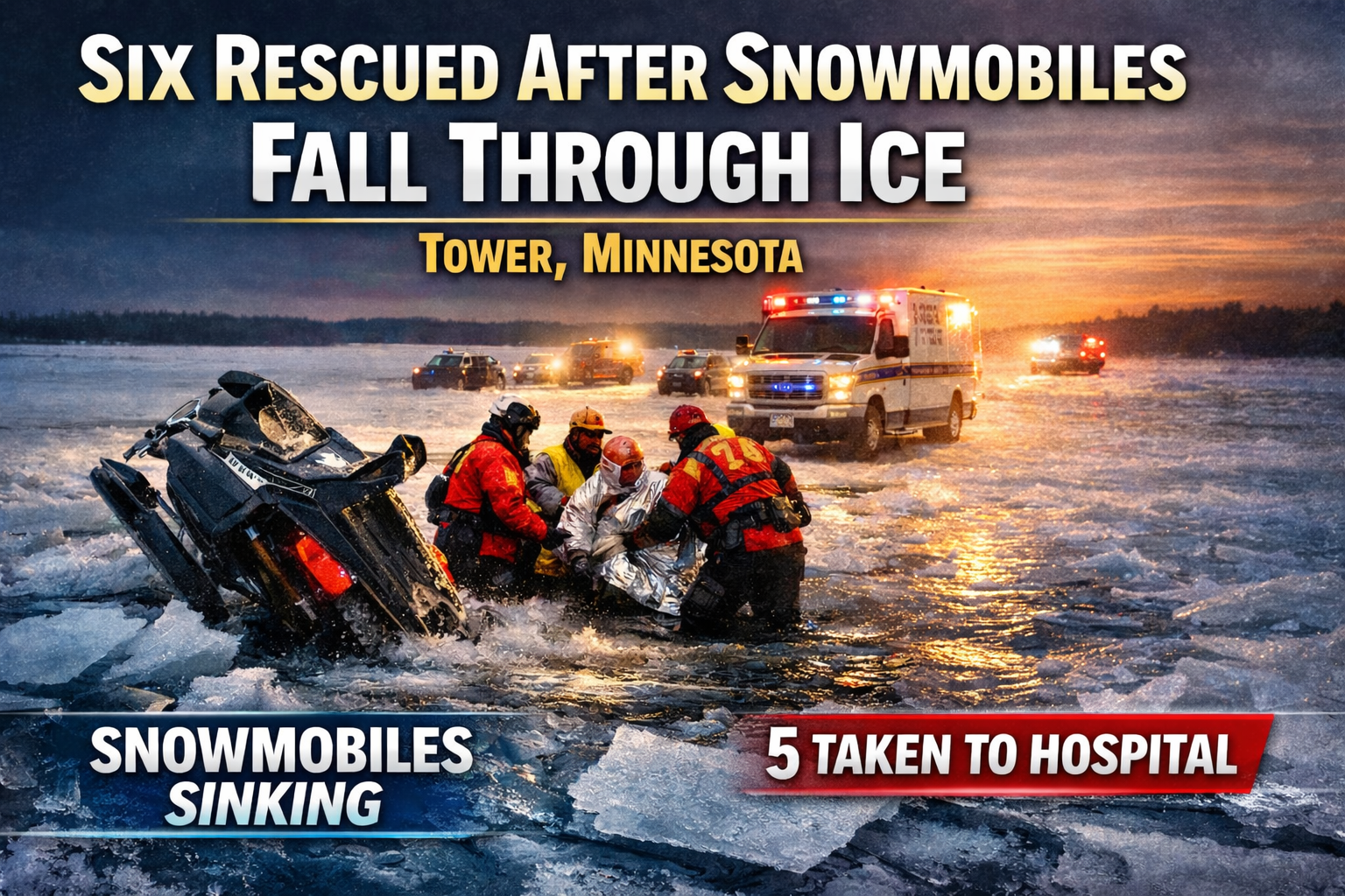 Tower: 6 Rescued After Snowmobiles Break Through Ice