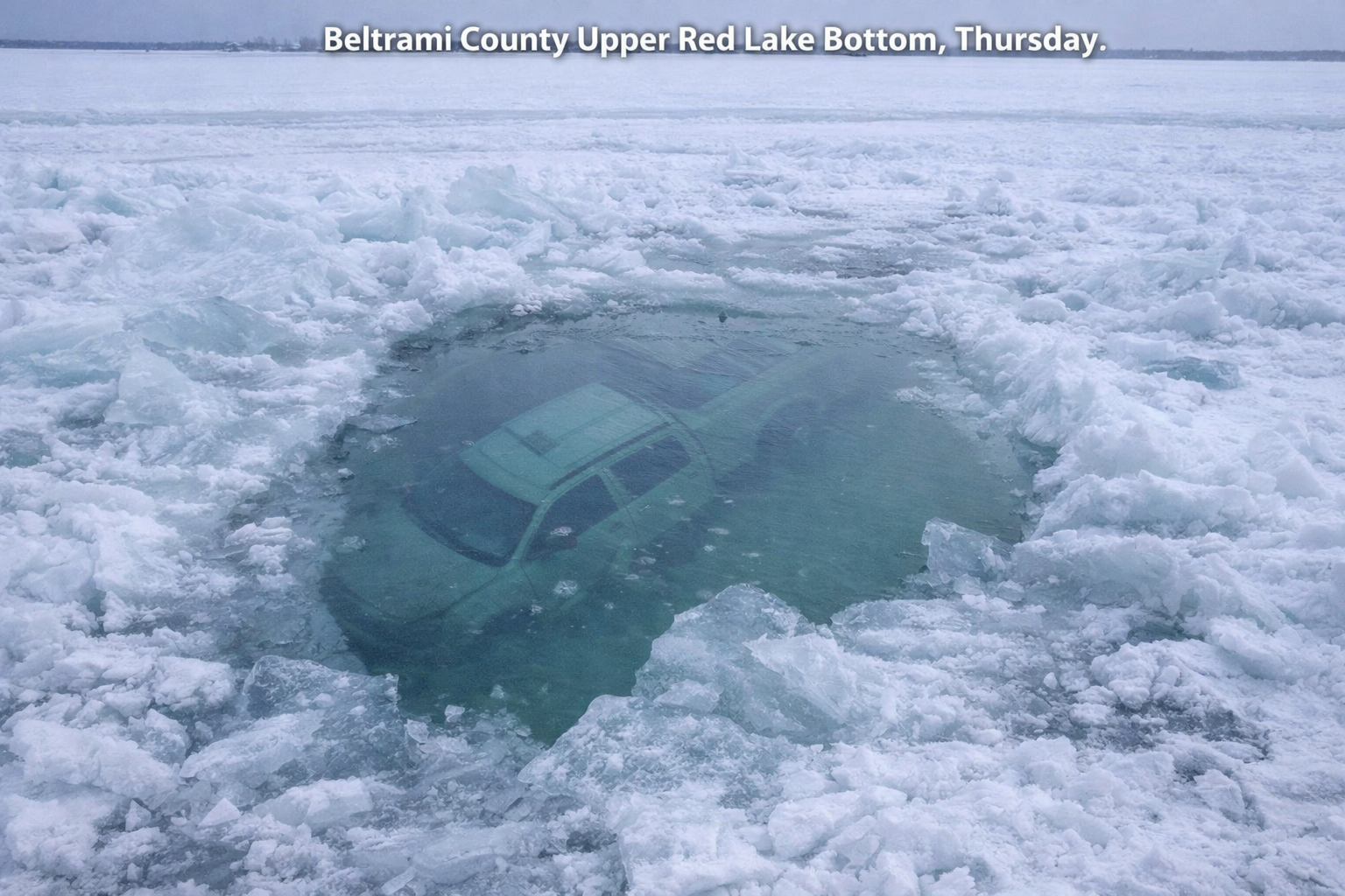 Waskish: Pickup Breaks Through Upper Red Lake Ice