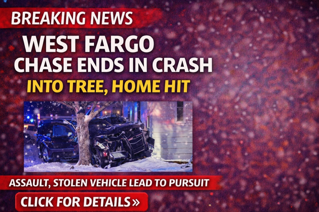 West Fargo Chase Ends in Crash Into Tree, Home Hit