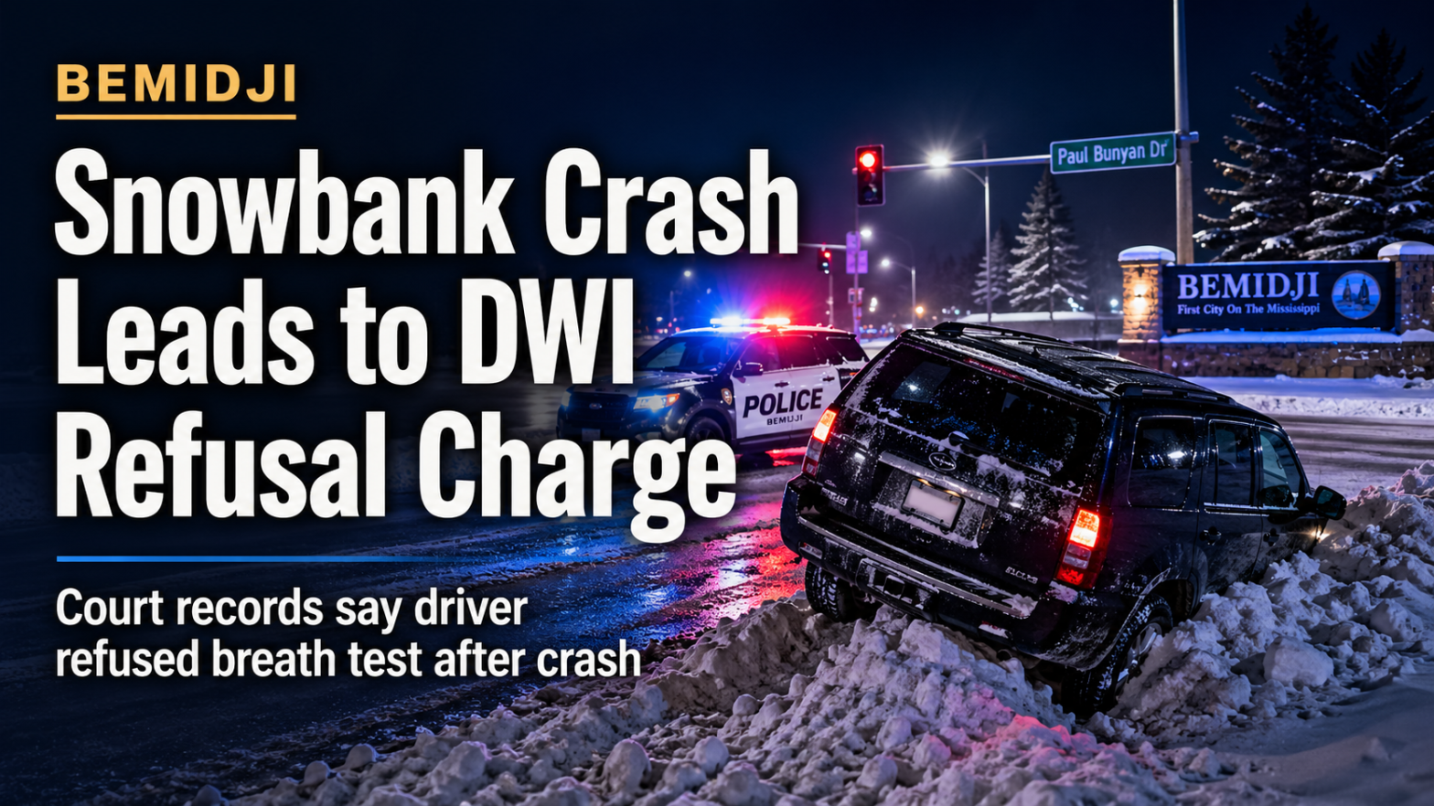 Bemidji DWI Refusal Charge After Snowbank Crash