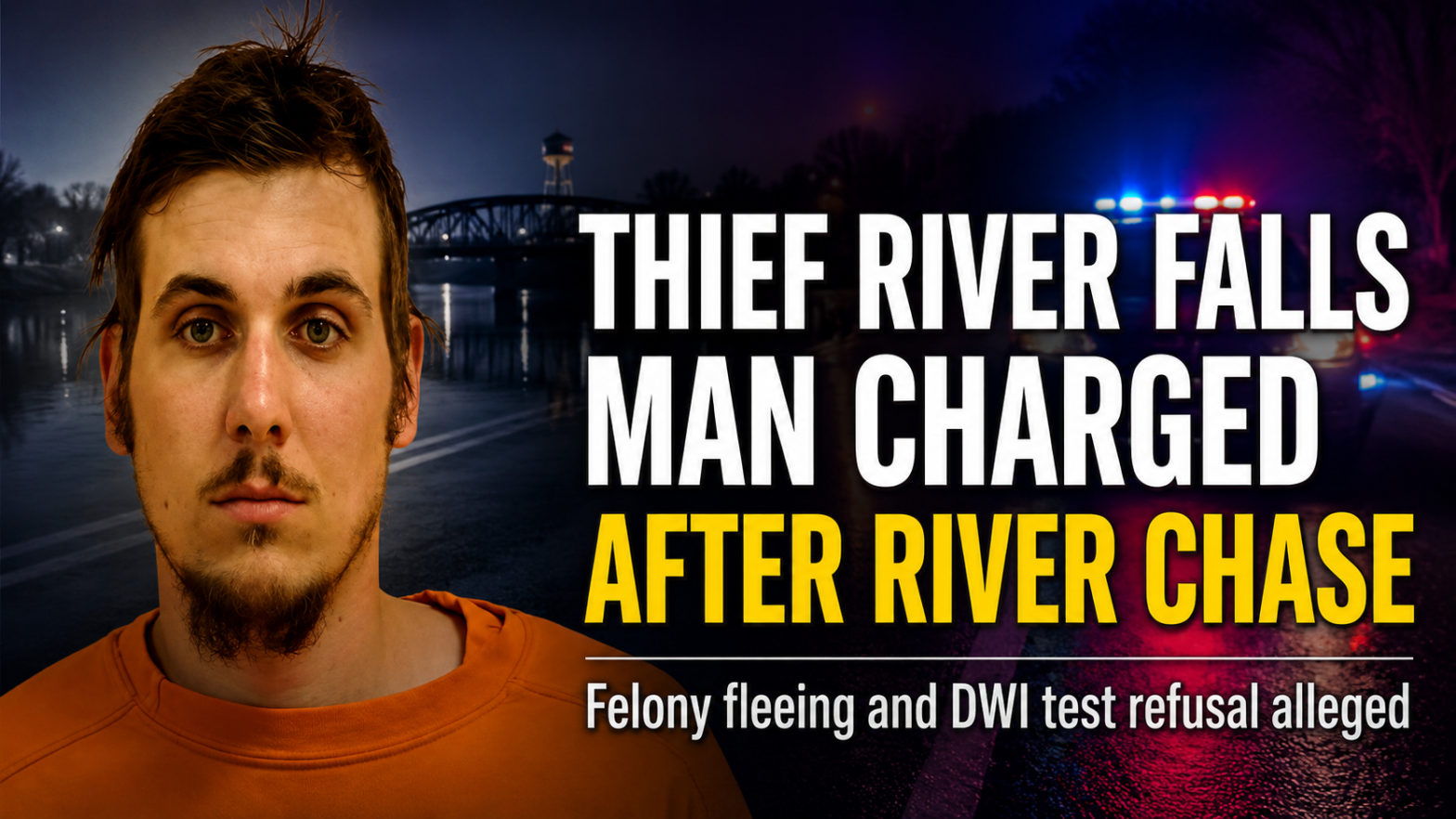 News thumbnail with a man in an orange shirt on the left and a bold headline reading 'Thief River Falls Man Charged After River Chase' on the right, plus a subheading about felony fleeing and DWI test refusal.