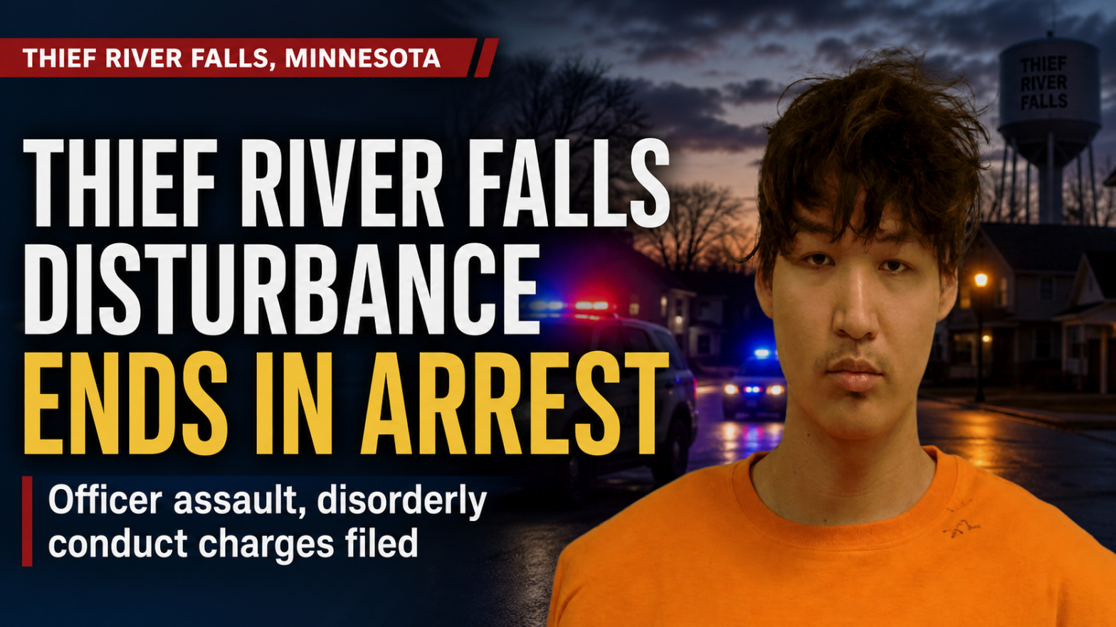 News thumbnail: Thief River Falls disturbance ends in arrest; suspect in orange shirt with police lights behind.
