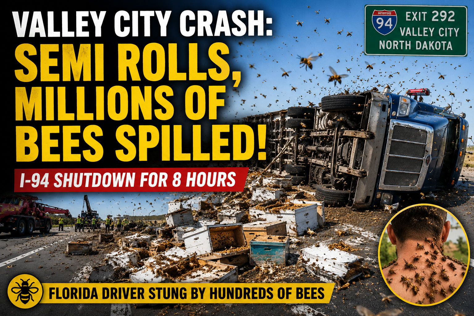 Valley City Semi Rollover Spills Millions of Bees