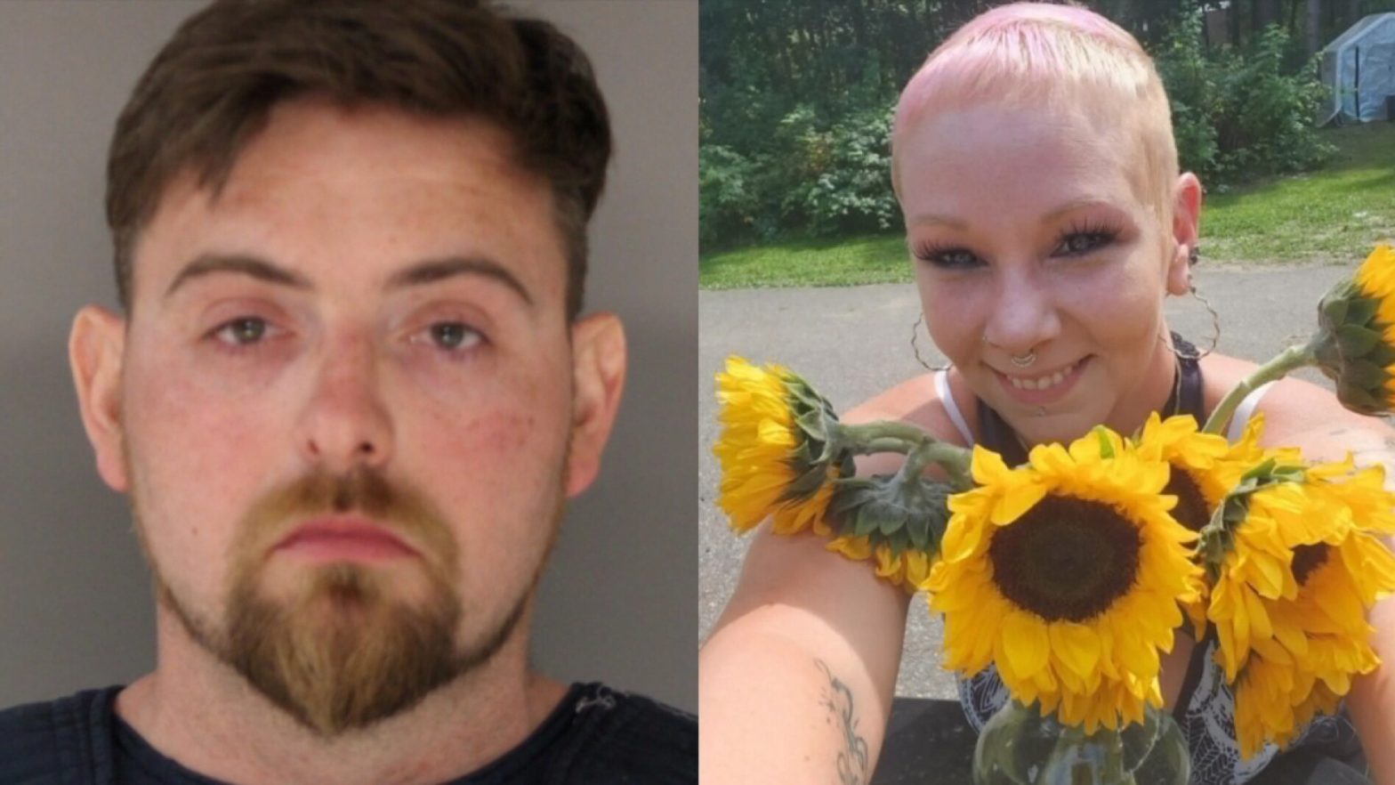 Left: close-up mugshot of a man with short brown hair and beard, neutral expression against a gray background; right: smiling person with pink hair outdoors holding sunflowers