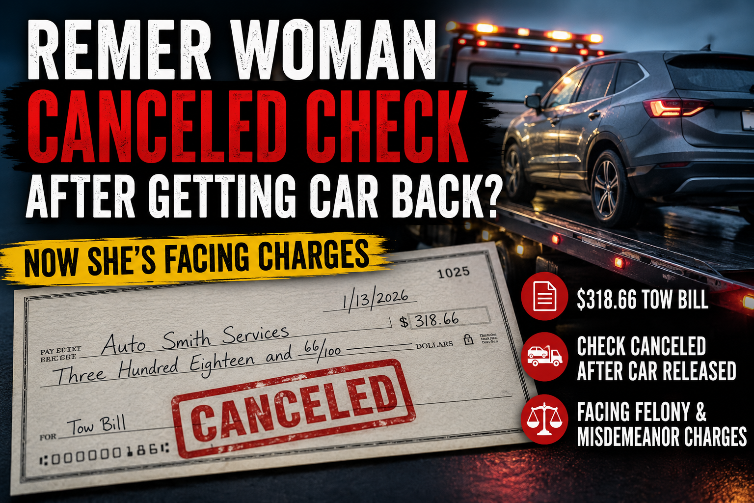 Remer Woman Charged In Canceled Tow Check Case