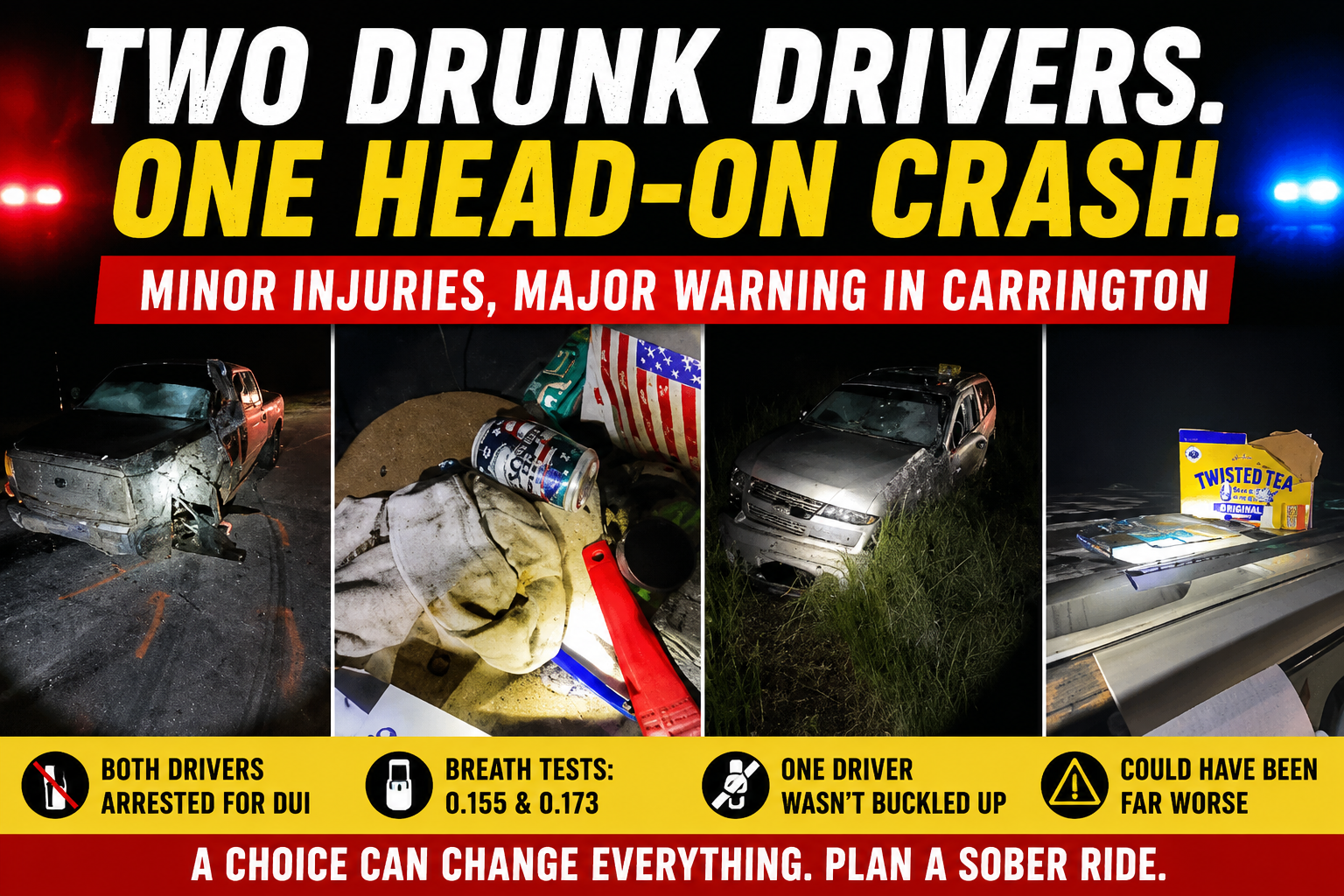 Carrington Head-On Crash Leads to 2 DUI Arrests