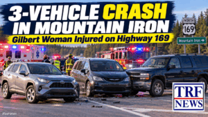 A Gilbert woman was injured Thursday afternoon in a three-vehicle collision at a busy Mountain Iron intersection.