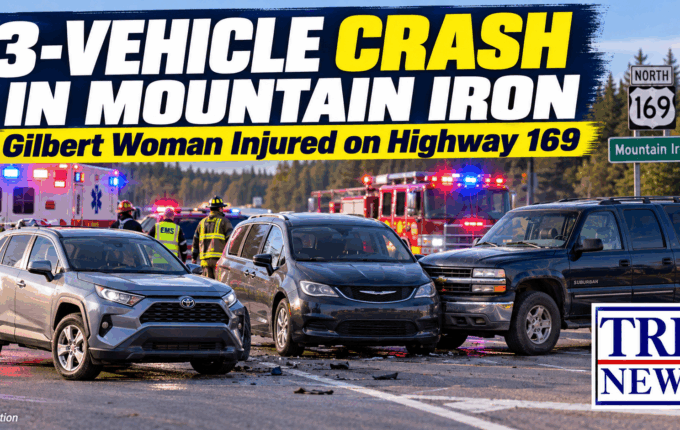 A Gilbert woman was injured Thursday afternoon in a three-vehicle collision at a busy Mountain Iron intersection.