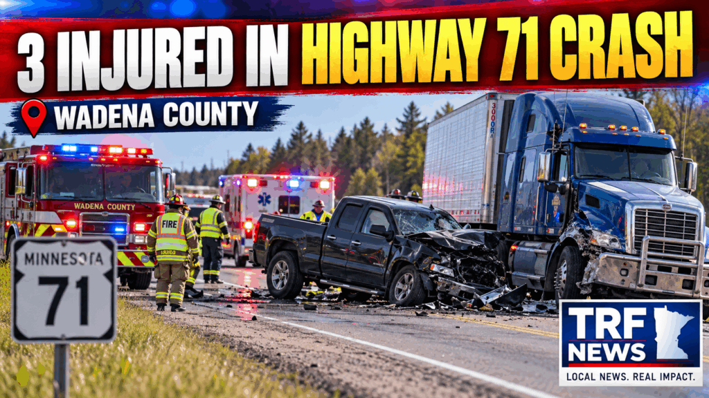 Three people were injured Thursday morning when a semi-truck and pickup collided on Highway 71 near Wadena.